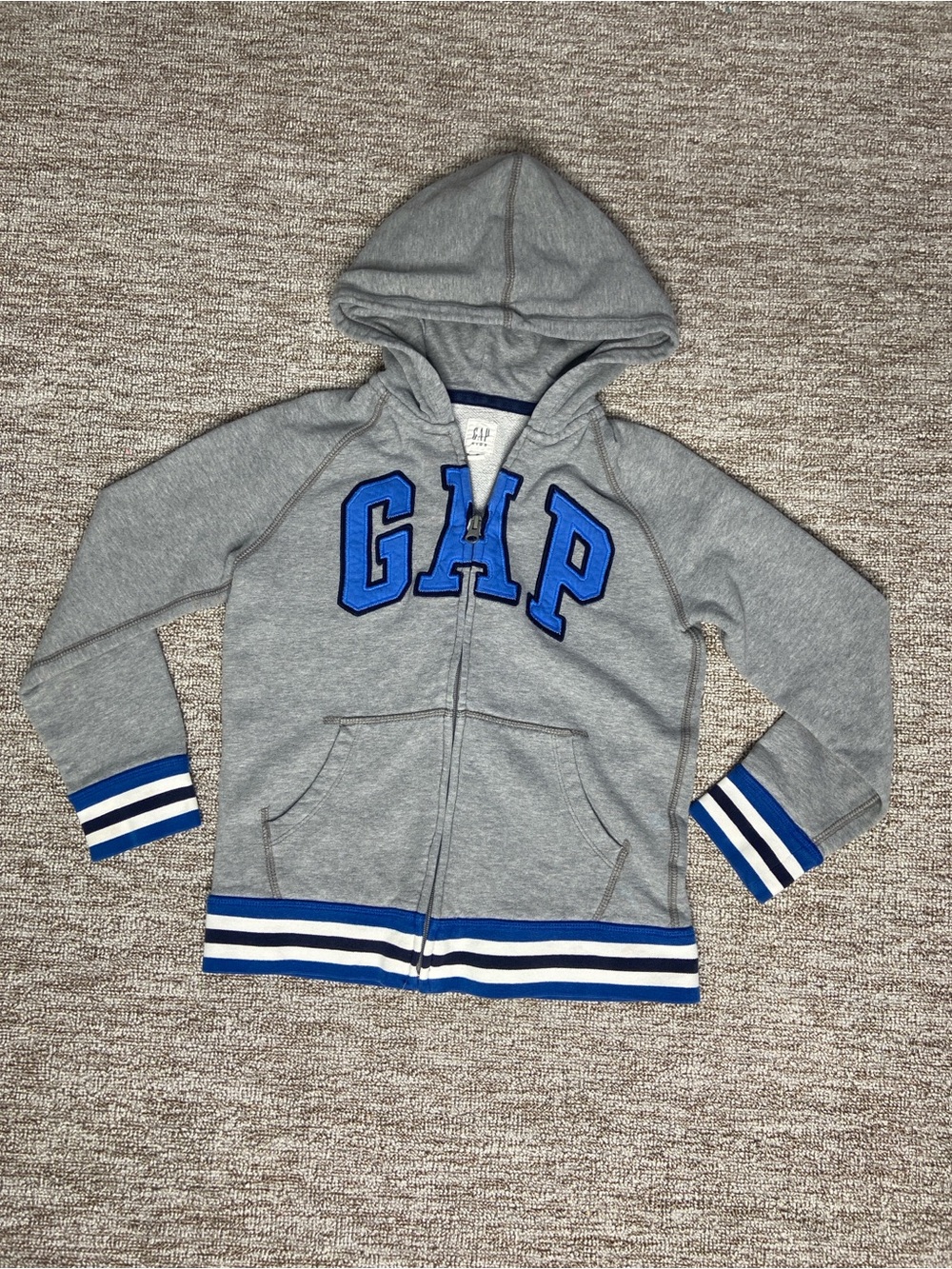 GAP Kids Light Gray Zip Hoodie with Royal Blue Logo and Stripe Accents